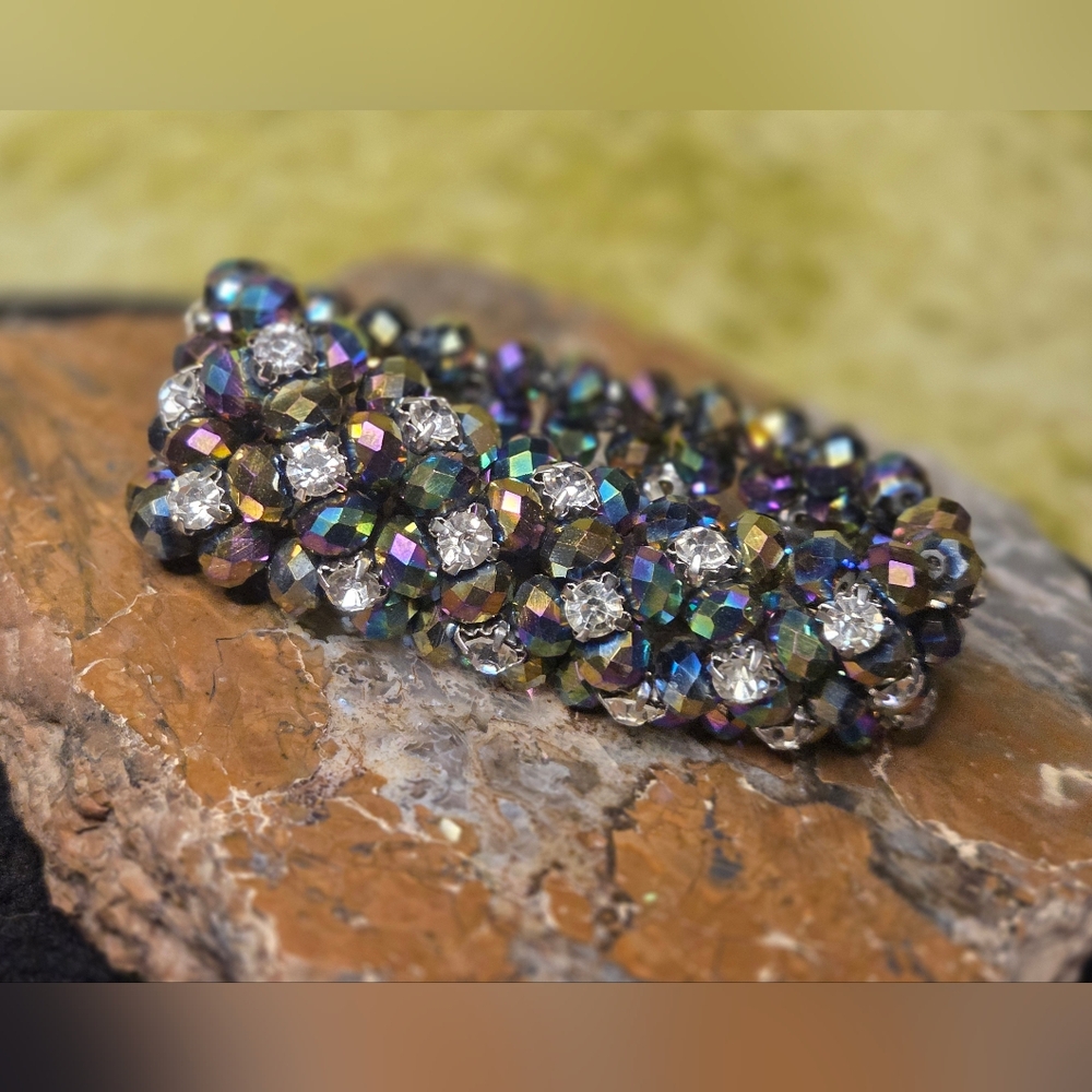 Vintage Czech Iridescent Crystal Beaded & Rhinestone Bracelet